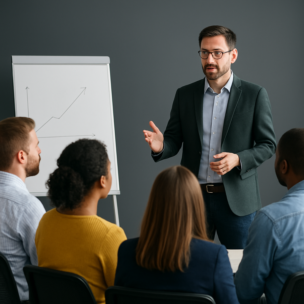 Sessione di formazione aziendale con partecipanti e relatore